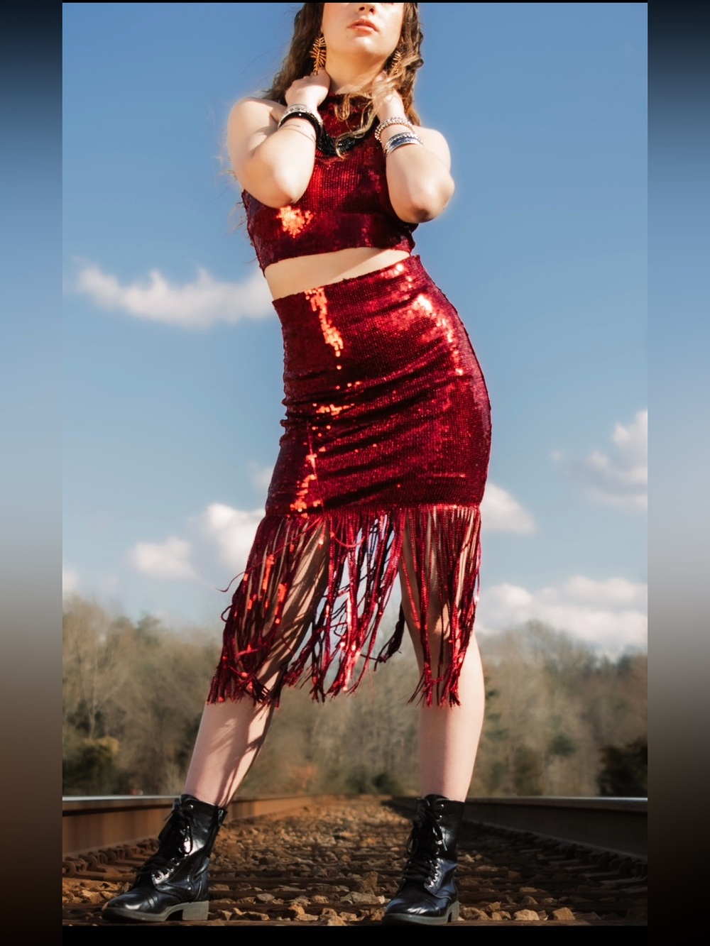 Lulu's Burgundy Sequin Halter Crop Top & Fringe Maxi Skirt Set - Picture 10 of 10